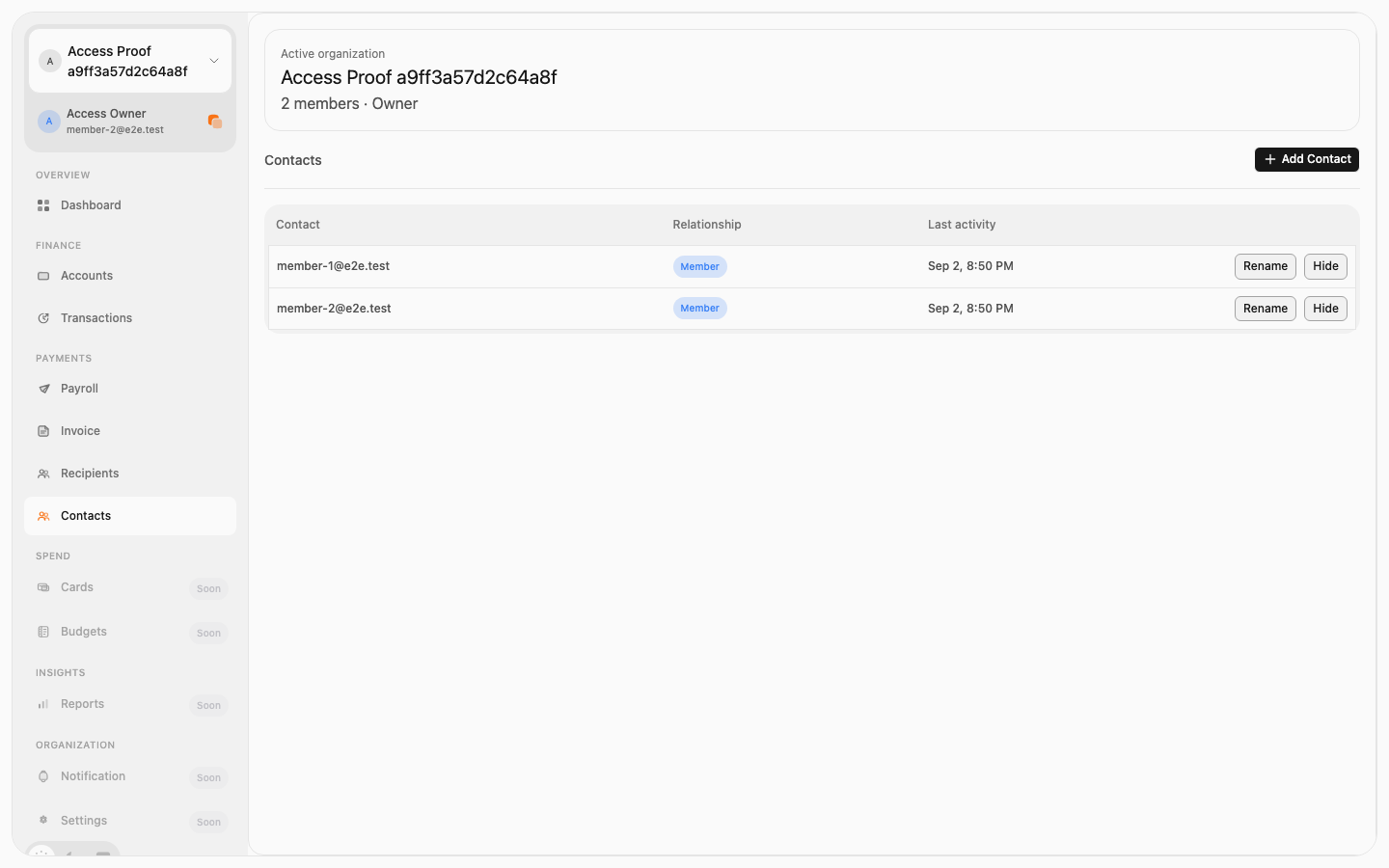 Owner organization Contacts screen
