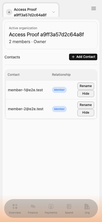 Owner organization Contacts mobile screen
