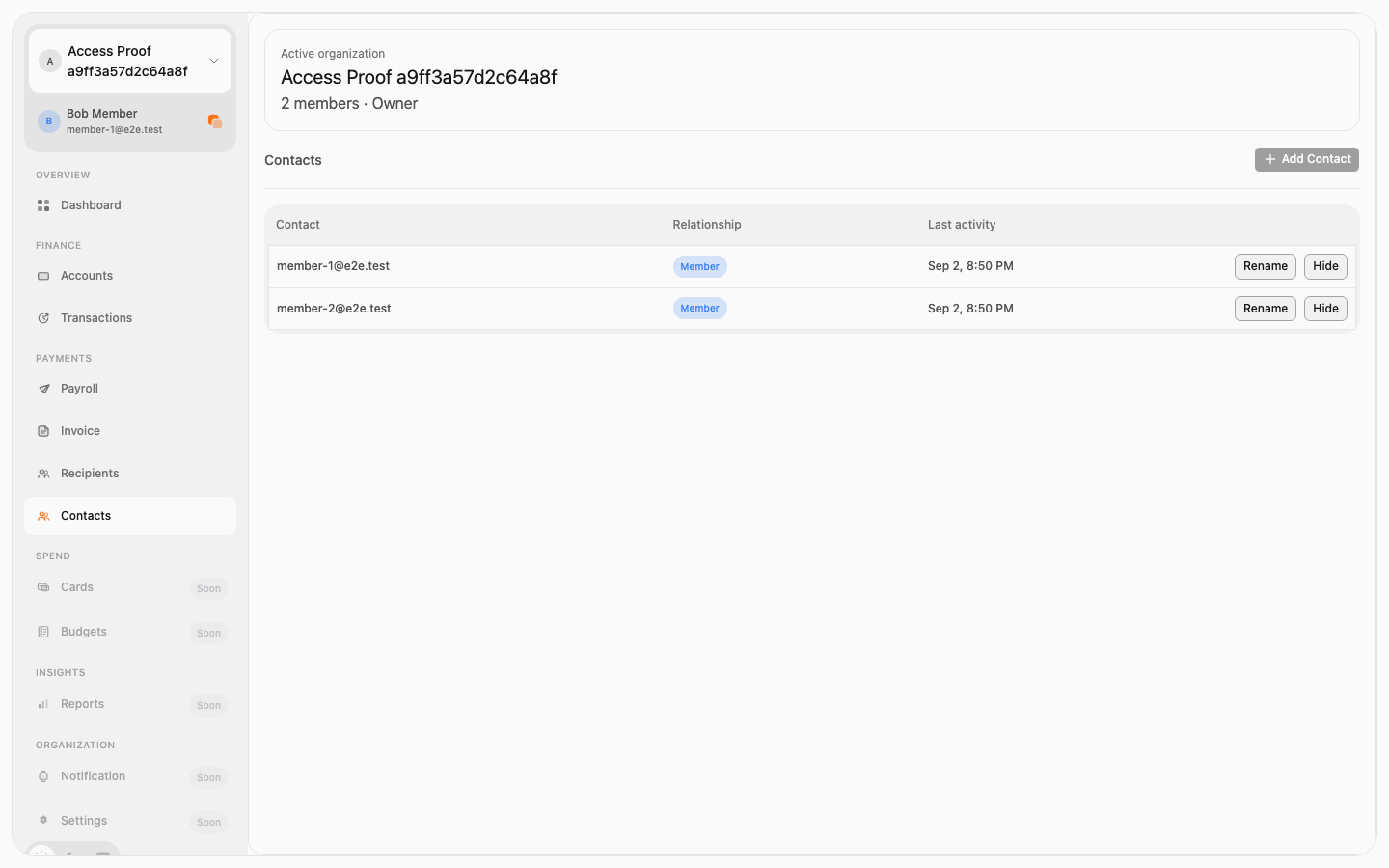 Restricted organization Contacts screen