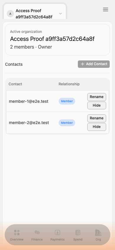 Restricted organization Contacts mobile screen